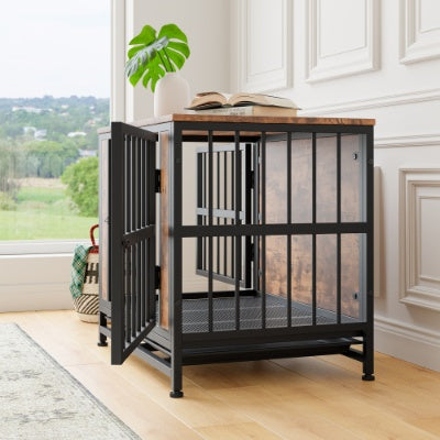 Dog Crate Furniture, Wooden Dog Crate Table, 27.48  Dog Kennel With 2 Sliding Doors And Thick Iron Door Frame, Decorative Pet Crate House For Small Dog Indoor Use Rustic Brown