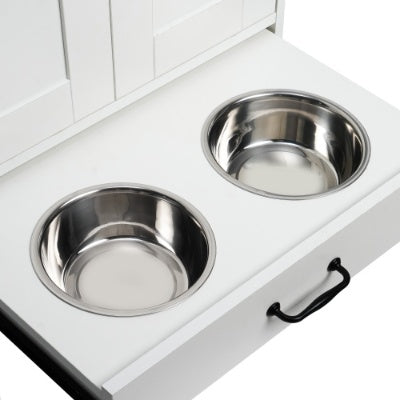 Dog Feeding Station, Dog Food Storage Cabinet With Hidden Dog Bowls, Adjustable Panel, Hooks, For Medium Sized Dogs, White