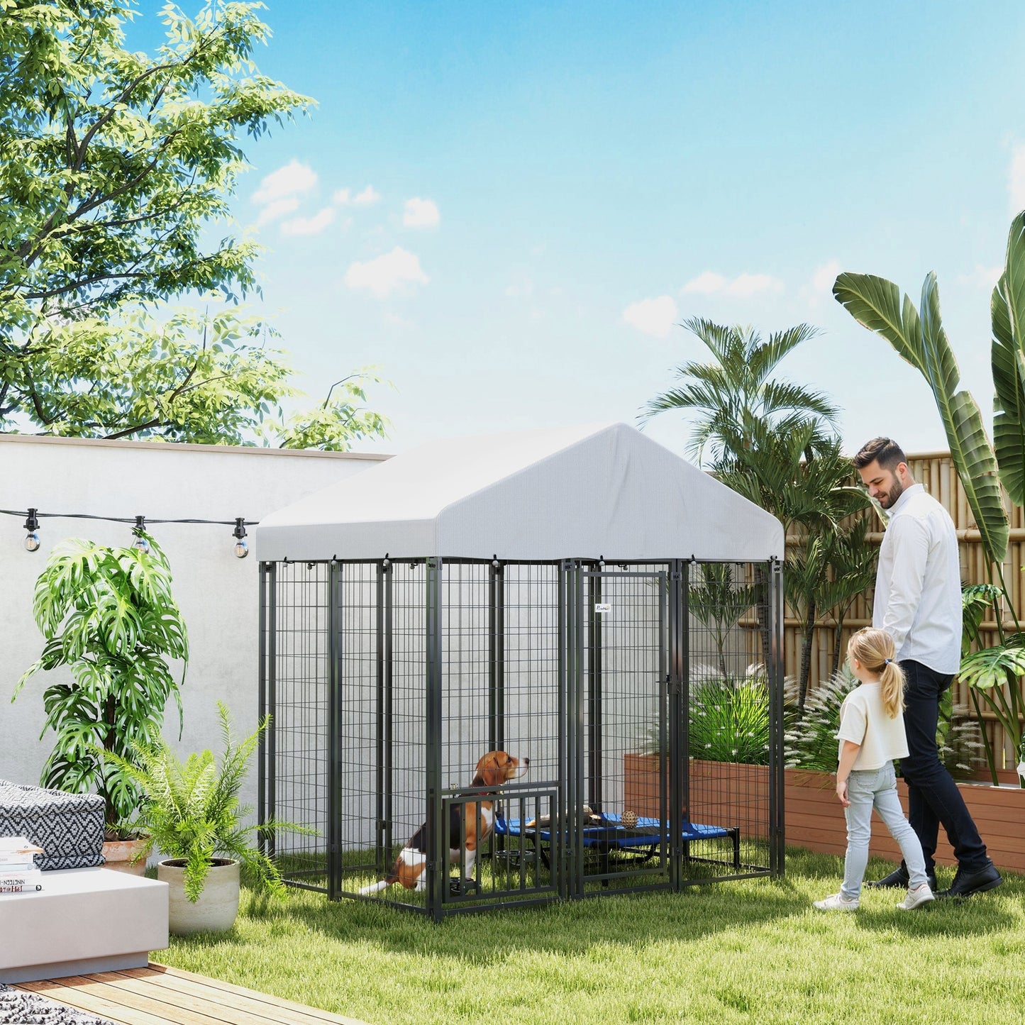 5.9 X 4 X 6 Outdoor Dog Kennel With Roof, Rotating & 4-Level Adjustable Bowls