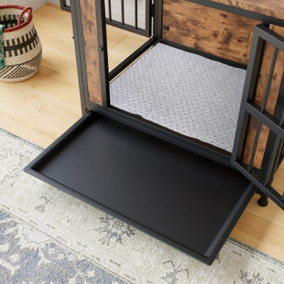 Dog Crate Furniture, Wooden Dog Crate Table, 27.48  Dog Kennel With 2 Sliding Doors And Thick Iron Door Frame, Decorative Pet Crate House For Small Dog Indoor Use Rustic Brown
