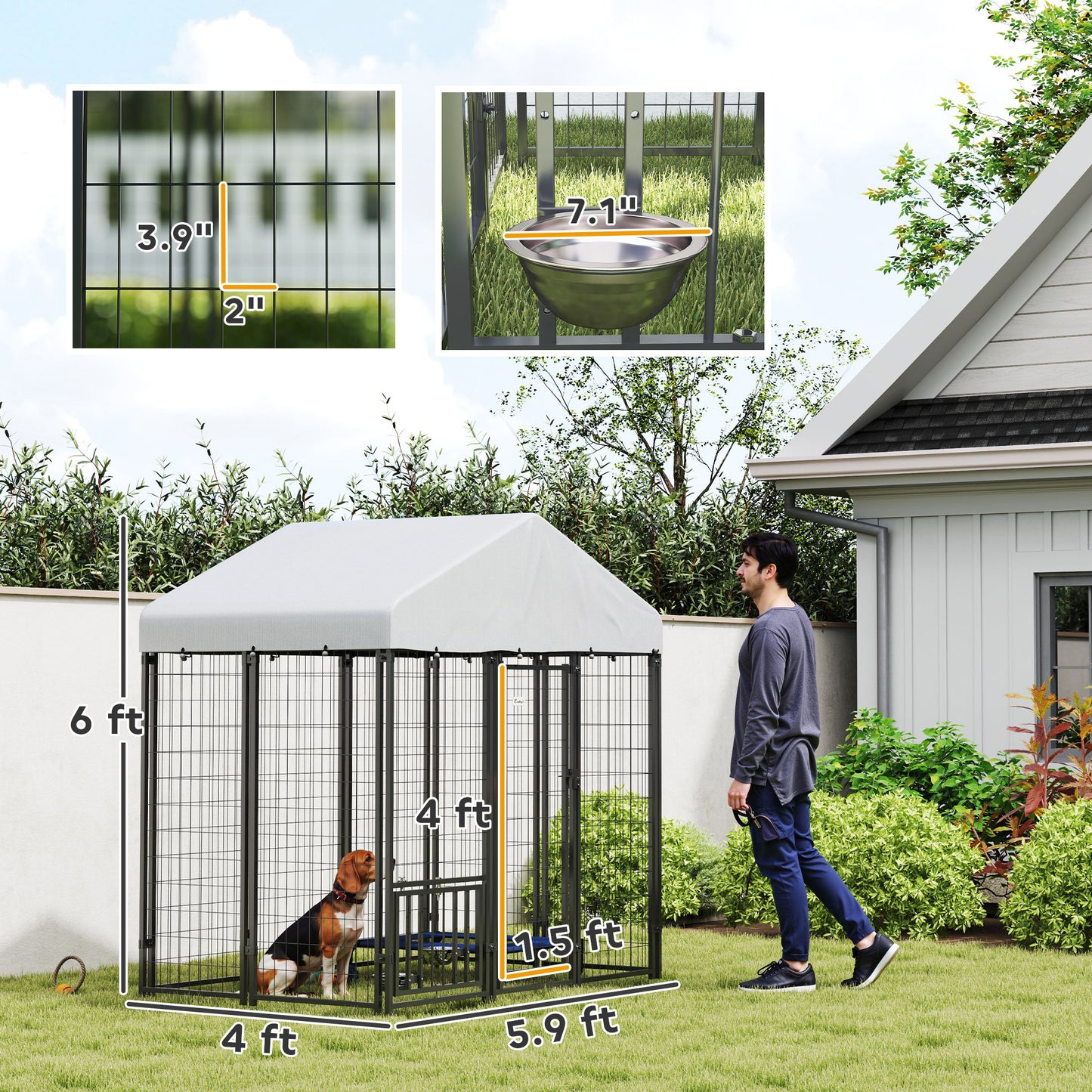 5.9 X 4 X 6 Outdoor Dog Kennel With Roof, Rotating & 4-Level Adjustable Bowls