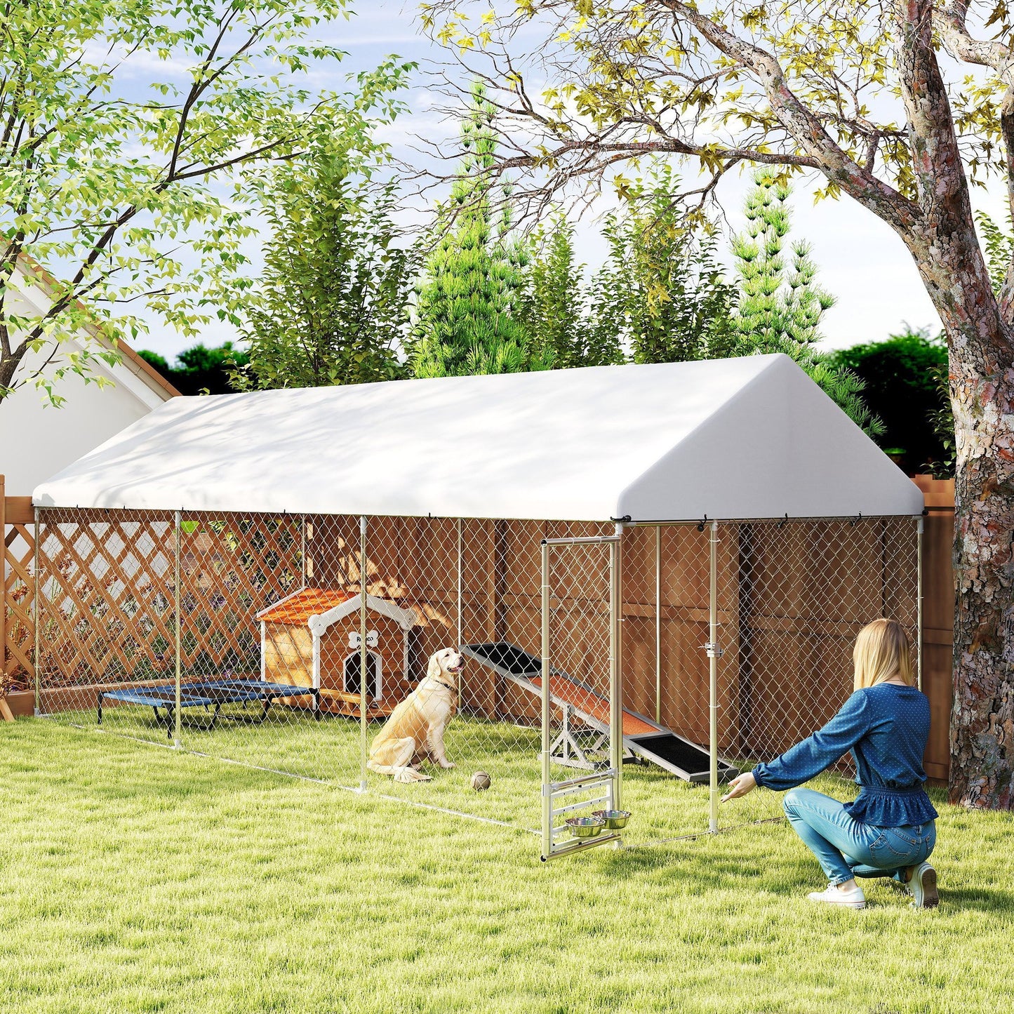 Outdoor Dog Kennel W Adjustable  Rotatable Bowl Rack, Waterproof UV-Resistant Cover, Secure Lock, 19.7 X 7.5 X 7.5