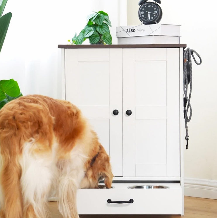 Dog Feeding Station, Dog Food Storage Cabinet With Hidden Dog Bowls, Adjustable Panel, Hooks, For Medium Sized Dogs, White