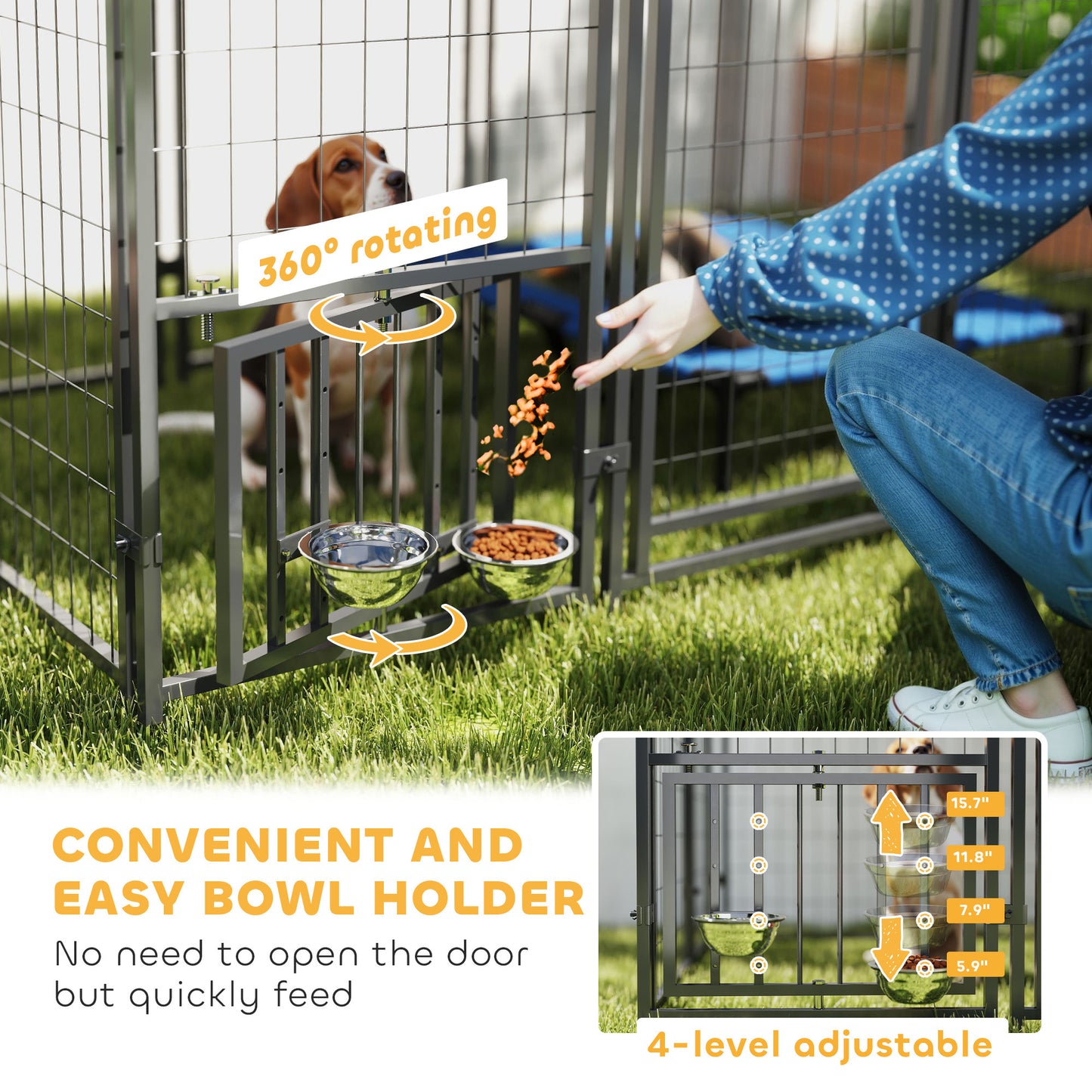5.9 X 4 X 6 Outdoor Dog Kennel With Roof, Rotating & 4-Level Adjustable Bowls