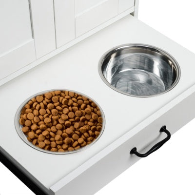 Dog Feeding Station, Dog Food Storage Cabinet With Hidden Dog Bowls, Adjustable Panel, Hooks, For Medium Sized Dogs, White